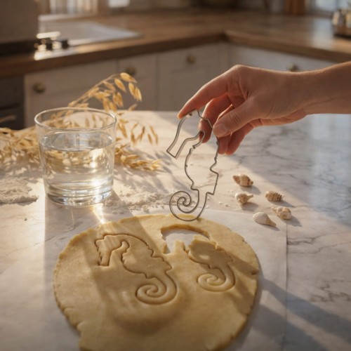 foremka do ciastek w kształcie konika morskiego na tle odbitego wzoru na rozwałkowanym cieście