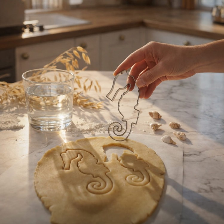 foremka do ciastek w kształcie konika morskiego na tle odbitego wzoru na rozwałkowanym cieście