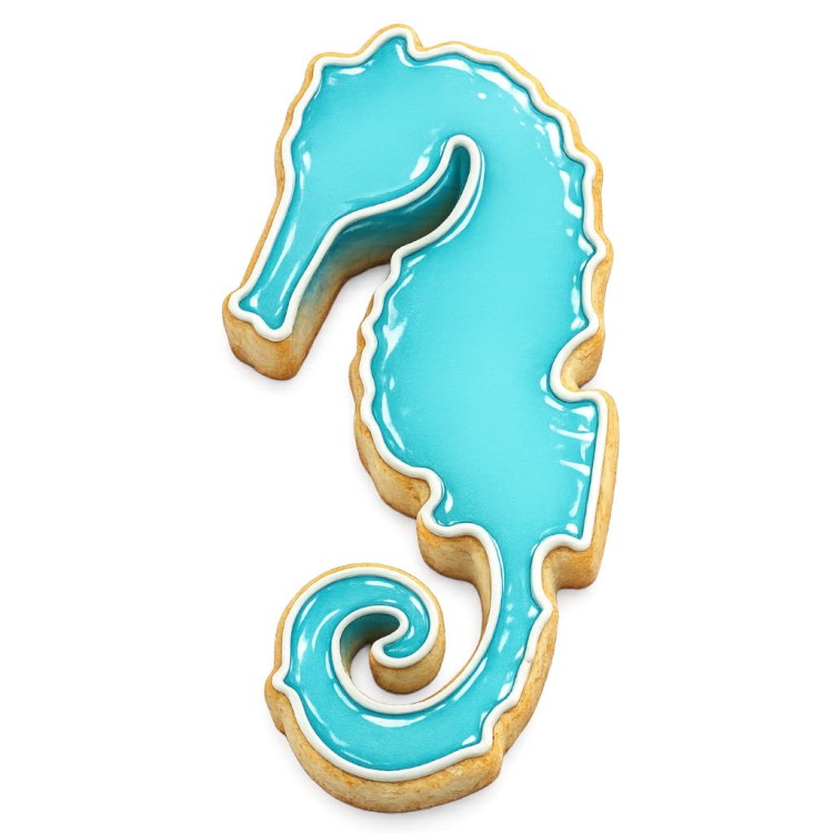 ciasteczko konik morski ozdobione błękitnym lukier