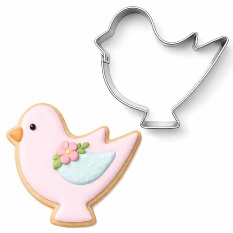 Metalowa foremka w kształcie ptaszka oraz ciasteczko udekorowane pastelowym lukrem z błękitnym skrzydełkiem i kwiatową ozdobą