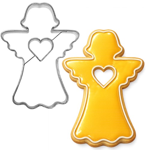 foremka aniołek z sercem obok ciasteczka ze złotym lukrem