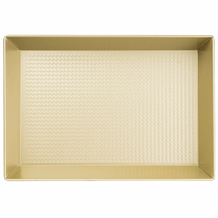 Złota prostokątna blacha do pieczenia SNB przedstawiona w widoku z góry