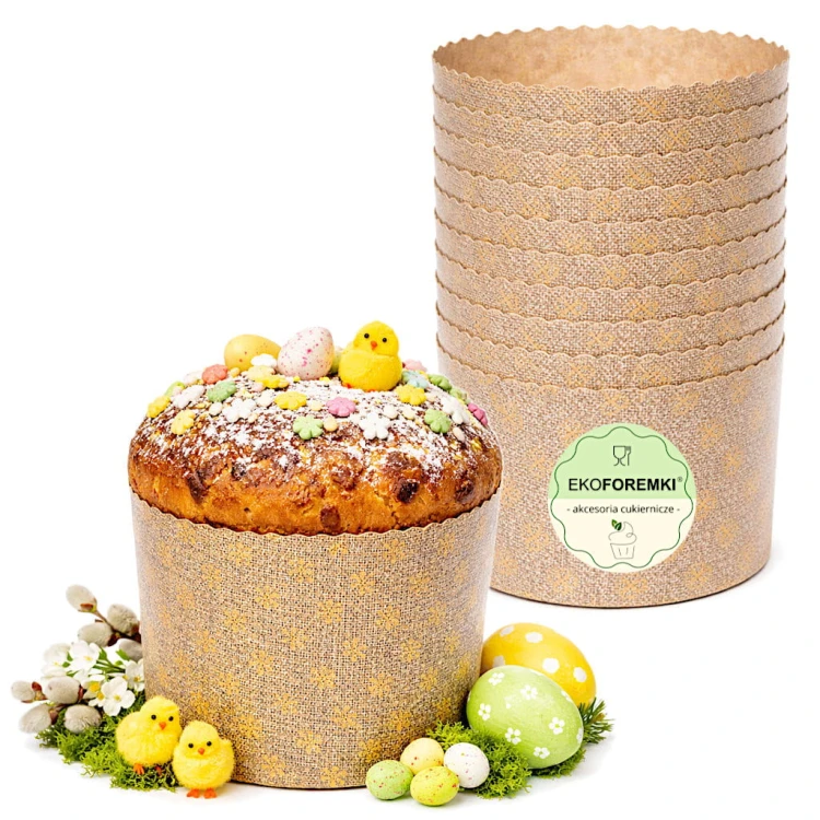 Papierowe formy do babki drożdżowej panettone z dekoracyjnym wzorem, ułożonych w stosie marka EkoForemki