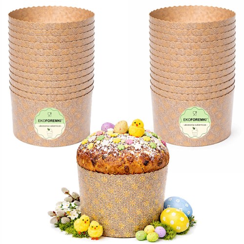 Papierowe formy do pieczenia babki drożdżowej panettone w zestawie 25 sztuk wraz z gotowym wypiekiem w jednej z form