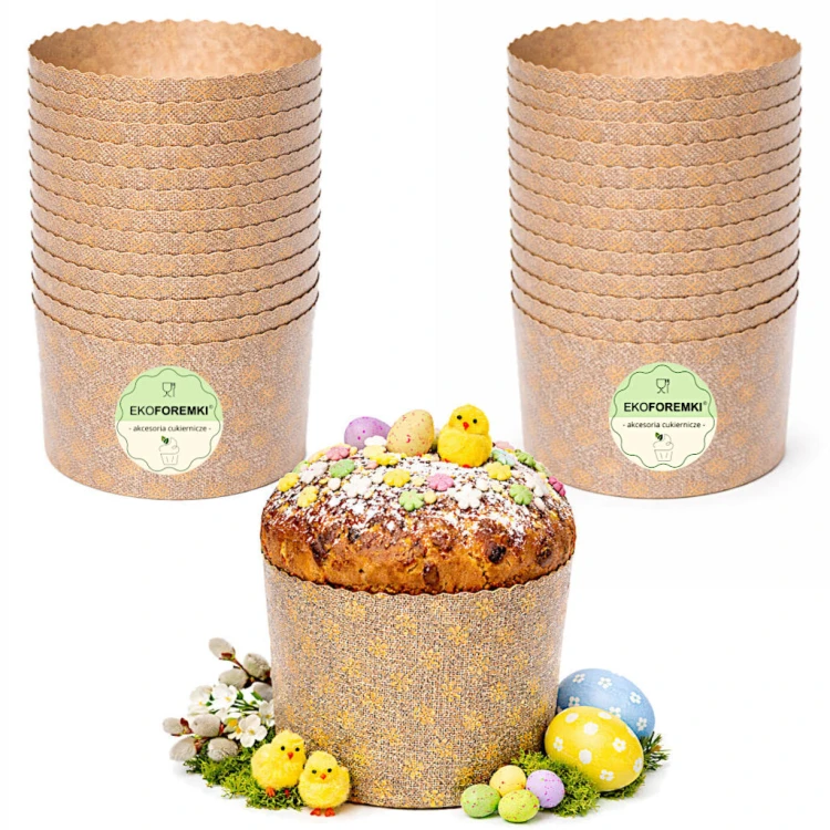 Papierowe formy do pieczenia babki drożdżowej panettone w zestawie 25 sztuk wraz z gotowym wypiekiem w jednej z form