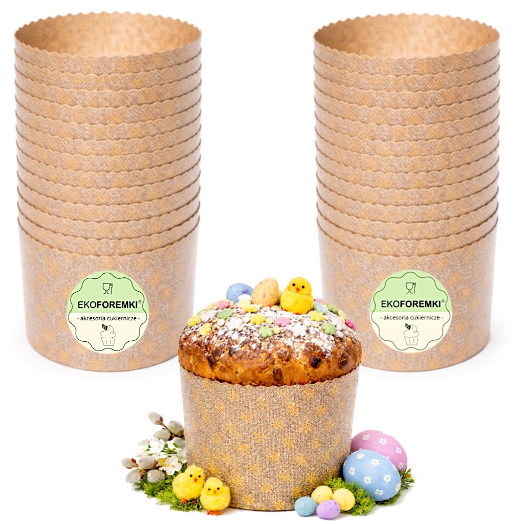 Zestaw 25 papierowych form do pieczenia babki panettone o średnicy 13 cm marki ekoForemki, z jedną upieczoną babką udekorowaną posypką i ozdobami wielkanocnymi