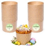 Zestaw 25 papierowych form do pieczenia babki panettone o średnicy 13 cm marki ekoForemki, z jedną upieczoną babką udekorowaną posypką i ozdobami wielkanocnymi