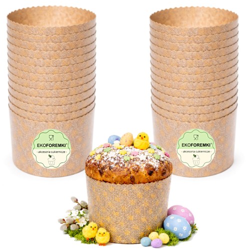 Zestaw 25 papierowych form do pieczenia babki panettone o średnicy 13 cm marki ekoForemki, z jedną upieczoną babką udekorowaną posypką i ozdobami wielkanocnymi