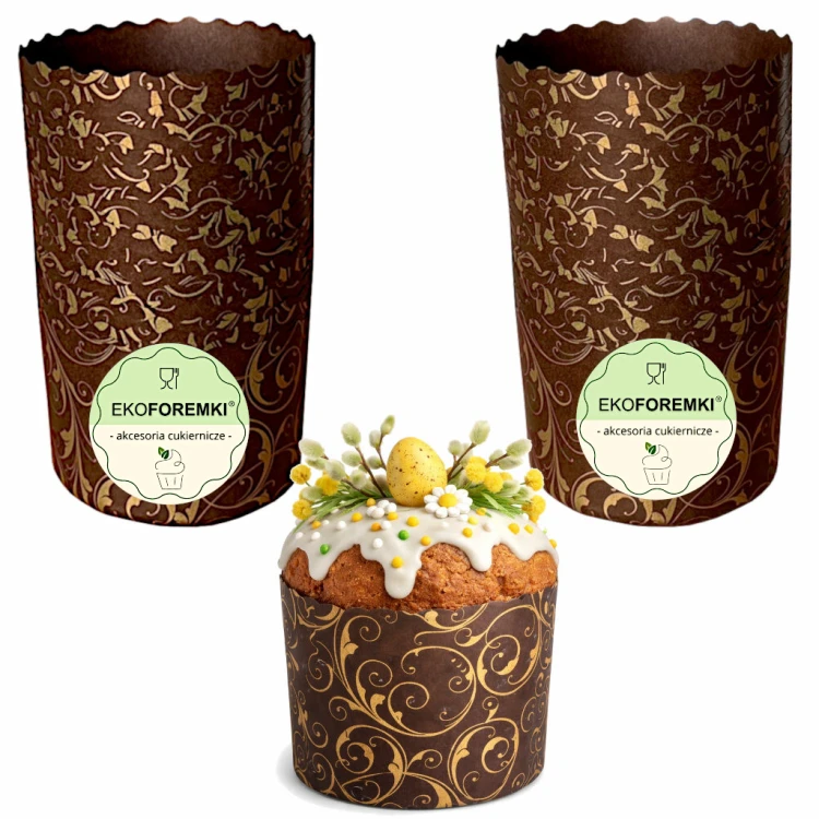 Ozdobne formy do pieczenia małej babki panettone wraz z gotową małą babką drożdżową marki EkoForemki