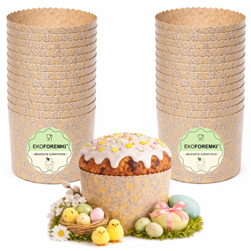 25 papierowych form do pieczenia babki drożdżowej panettone o średnicy 11 cm marki ekoForemki, z jedną upieczoną babką udekorowaną lukrem i ozdobami wielkanocnymi