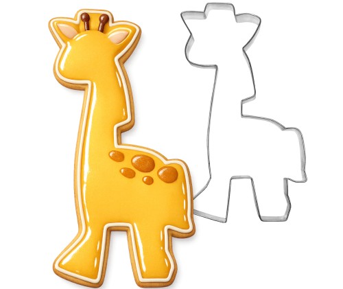 foremka żyrafa do ciasteczek i pierników obok udekorowanego lukrem ciastka