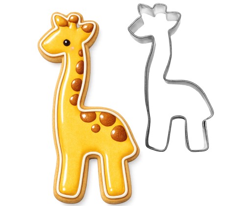 wykrawacz do ciastek w kształcie żyrafy i ciasteczko udekorowane złotym lukrem