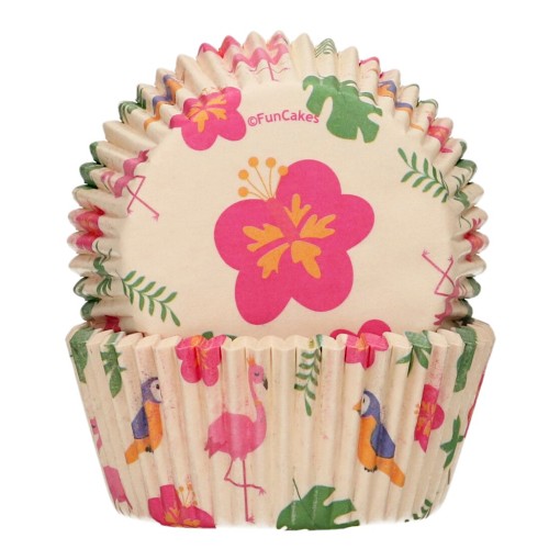 Papilotki do muffinek w tropikalny wzór z liśćmi, kwiatami, flamingiem i tukanem, ułożone w stosie.