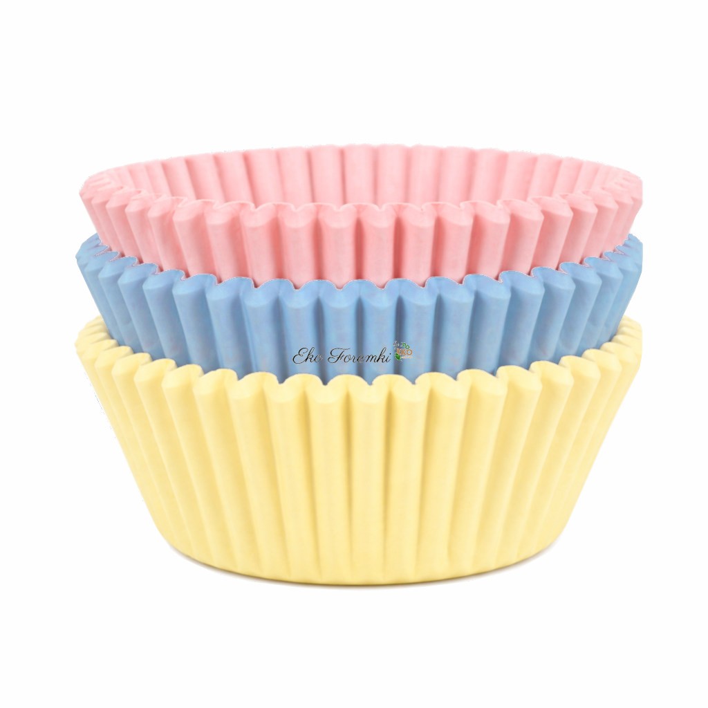 Papilotki do pieczenia muffinek w pastelowych kolorach: różowym, żółtym i niebieskim
