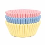 Papilotki do pieczenia muffinek w pastelowych kolorach: różowym, żółtym i niebieskim