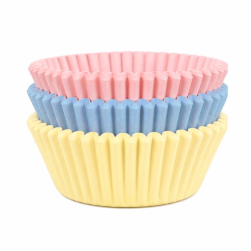 Papilotki do pieczenia muffinek w pastelowych kolorach: różowym, żółtym i niebieskim