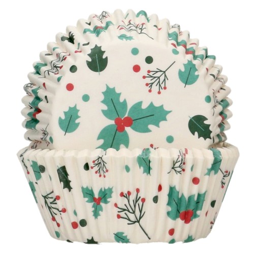 Papilotki do muffinek FunCakes z motywem liści ostrokrzewu i czerwonych jagód, ułożone w dekoracyjnym stosie
