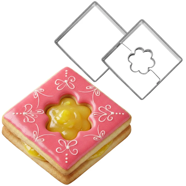 kwadratowe foremki Linzer z okienkiem w kształcie kwiatuszka i ciasteczko z różowym lukrem, wypełnione lemon curd