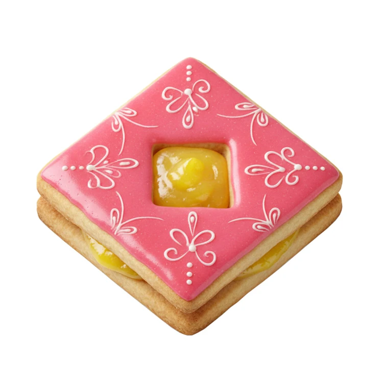 kwadratowe ciasteczko linzer z kwadratowym okienkiem wypełnionym żółtym lemon curd