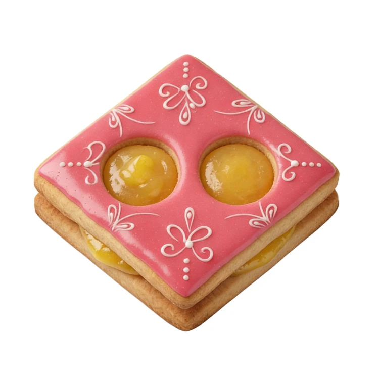 kwadratowe różowe ciasteczko linzer z dwoma dziurkami w środku, które wypełnia lemon curd