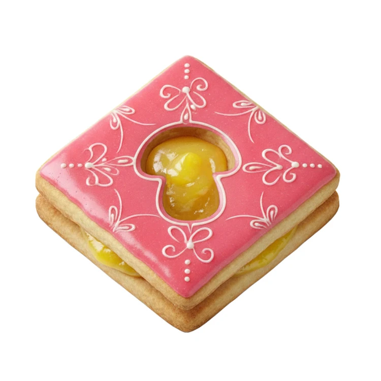 kwadratowe ciasteczko typu Linzer z okienkiem w kształcie grzybka, przez które widać lemon curd