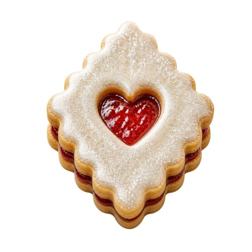 ciasteczko linzer w kształcie karbowanego rombu z okienkiem serce, pokryte perłowym lukrem