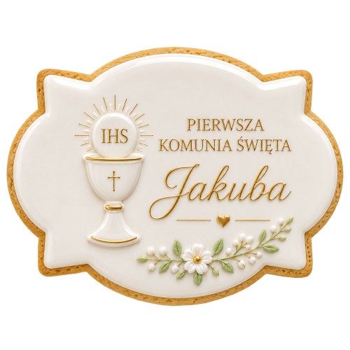 Lukrowane na biało ciasteczko w kształcie plakietki z napisem „Pierwsza Komunia Święta”