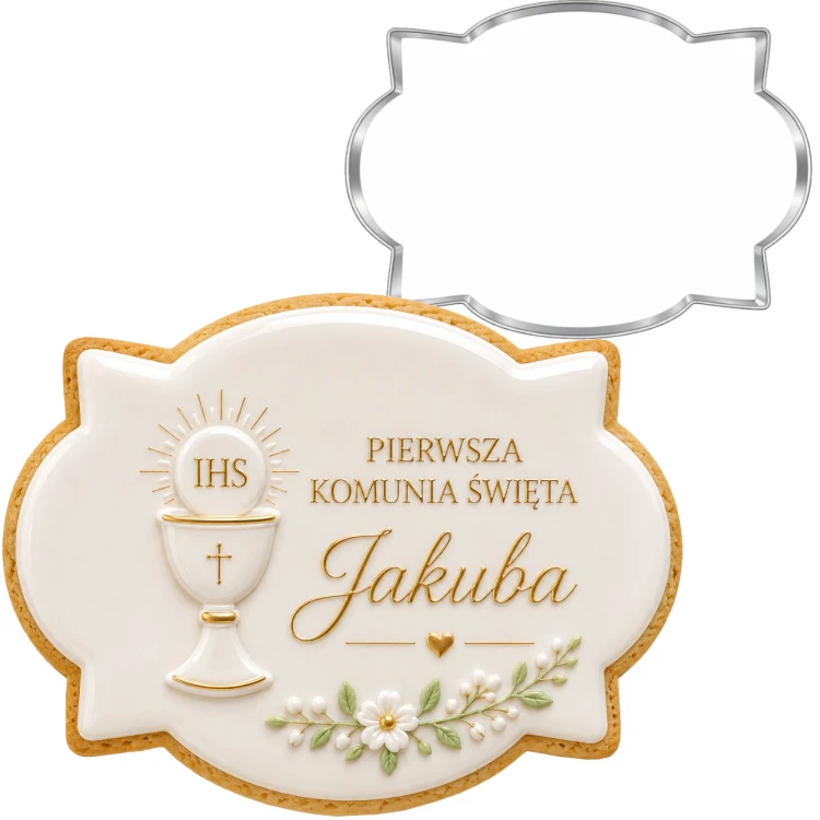 Metalowa foremka do ciastek w kształcie plakietki oraz ciasteczko wykonane tą foremką pokryte białym lukrem