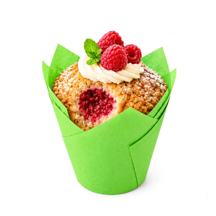 Foremka typu tulipan z gotową muffinką udekorowaną kremem i owocami