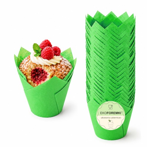 Zielone papilotki tulipany z gotową muffinką udekorowaną kremem i owocami