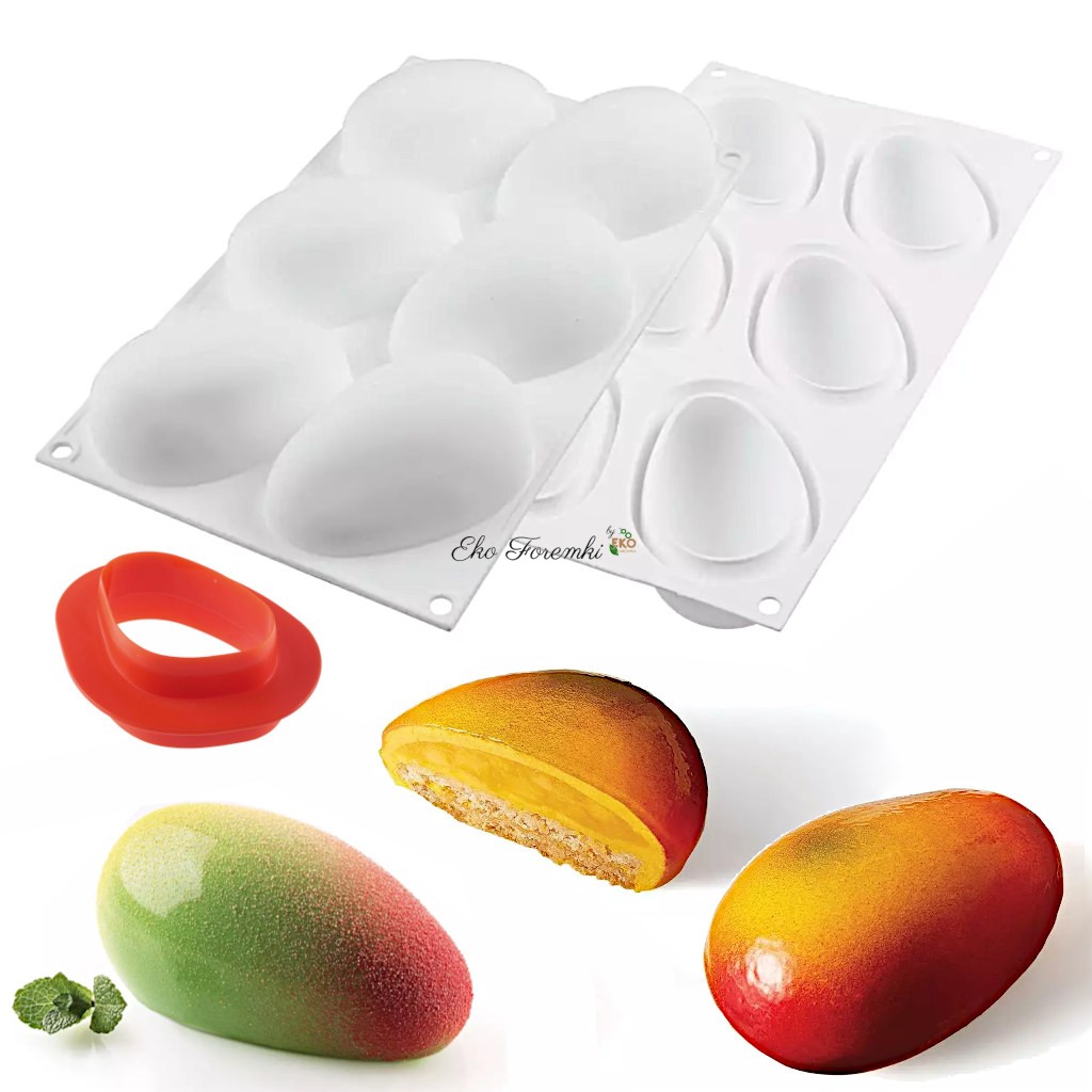 Silikonowa forma z sześcioma komorami do monoporcji mango oraz czerwony wykrawacz ułożony poniżej.