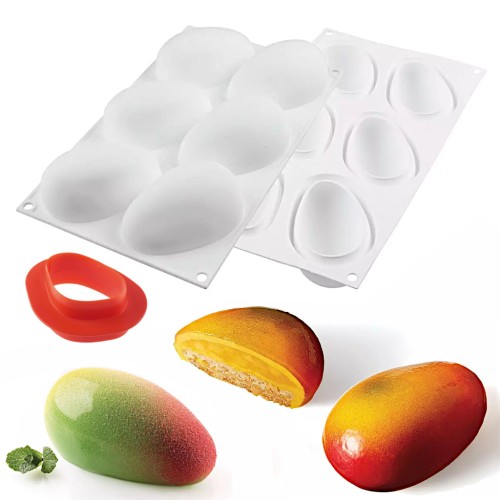 Silikonowa forma do monoporcji mango z sześcioma komorami oraz czerwonym wykrawaczem do spodów.