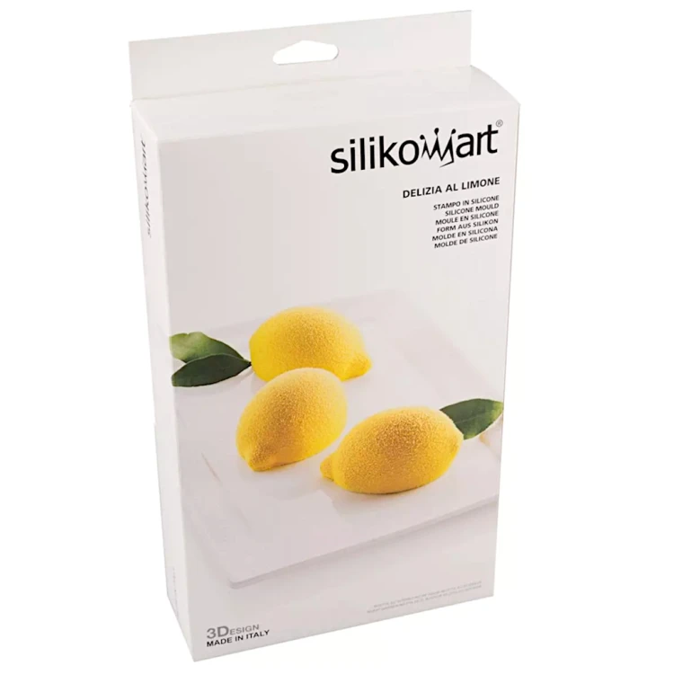 Opakowanie silikonowej formy Silikomart do deserów w kształcie cytryn, z przykładowymi gotowymi monoporcjami na froncie.