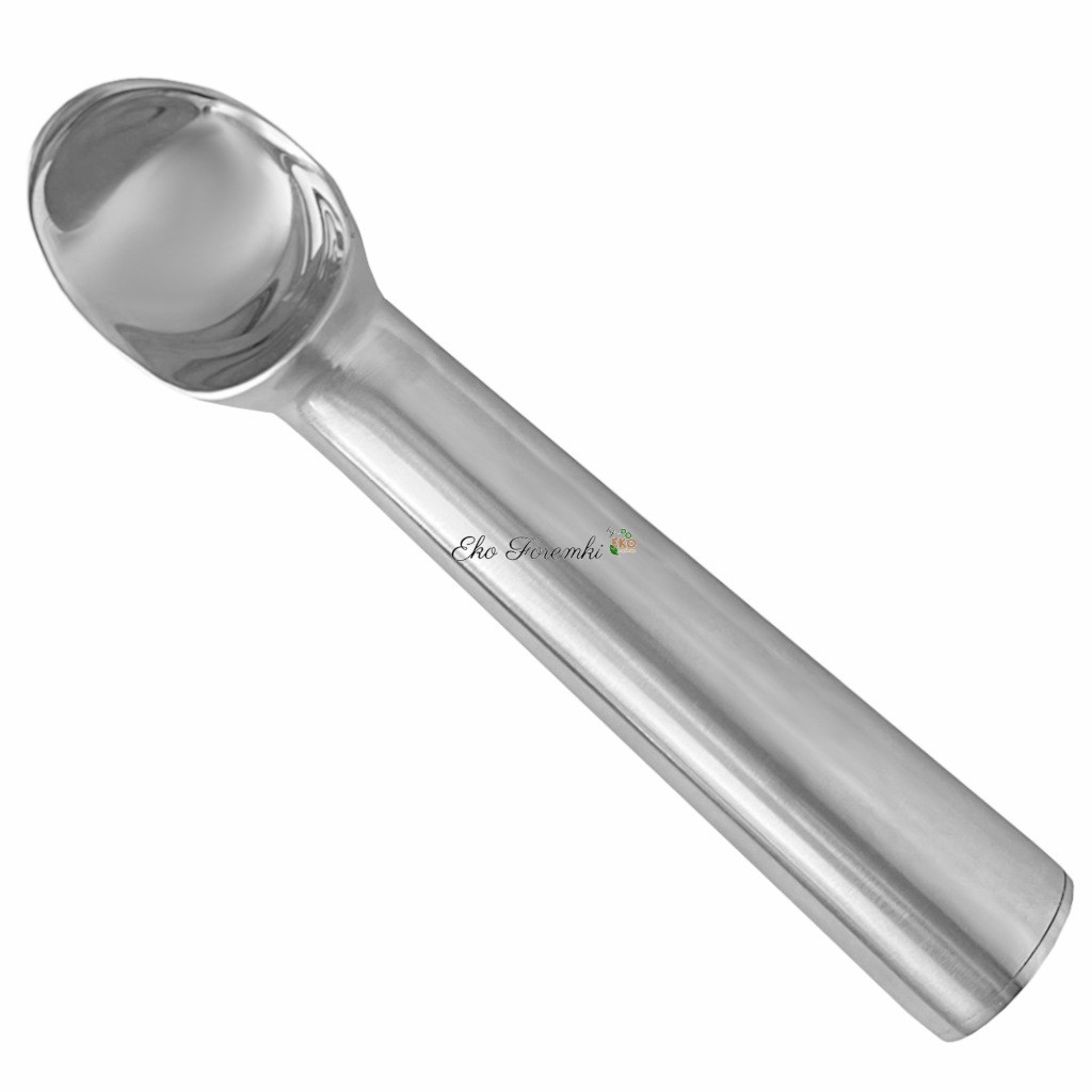 Aluminiowa gałkownica do lodów marki Stockel w rozmiarze 1/16, z okrągłą miseczką i prostym uchwytem.