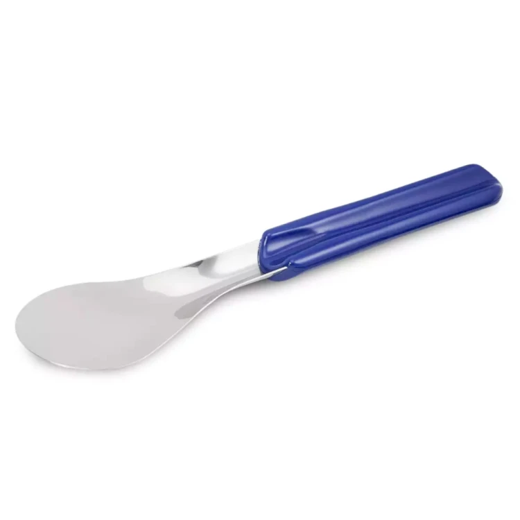 Łopatka Thermohauser do nakładania lodów z szeroką stalową częścią i ergonomiczną niebieską rączką.