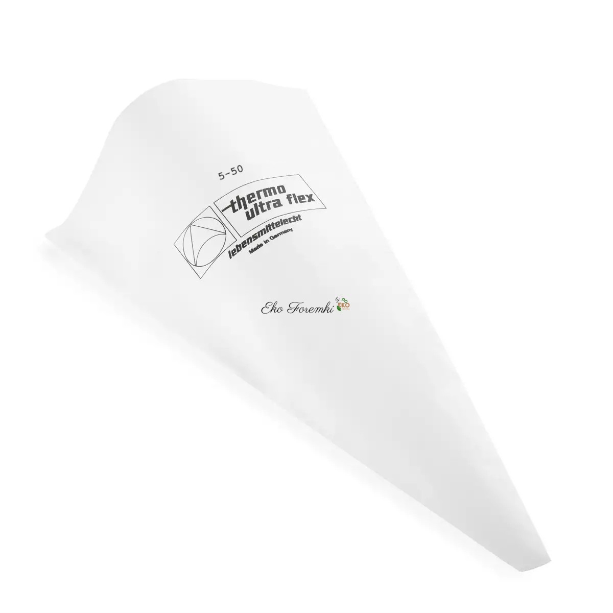 Biały worek cukierniczy o długości 50 cm z serii Thermo Ultra Flex, przeznaczony do dekorowania i dozowania mas cukierniczych.
