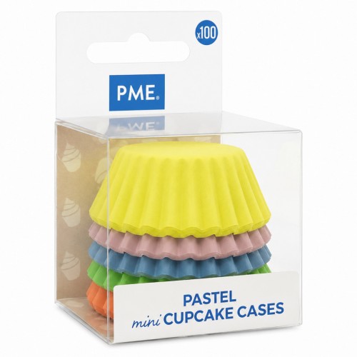 Pastelowe mini foremki do muffinek marki PME w zestawie 100 sztuk, zapakowane w przezroczyste pudełko.