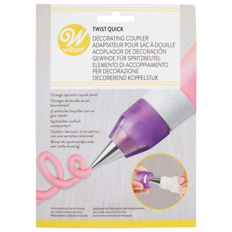 Adapter Quick Twist Wilton zaprezentowany w oryginalnym opakowaniu z ilustracją szybkiej wymiany tylek.