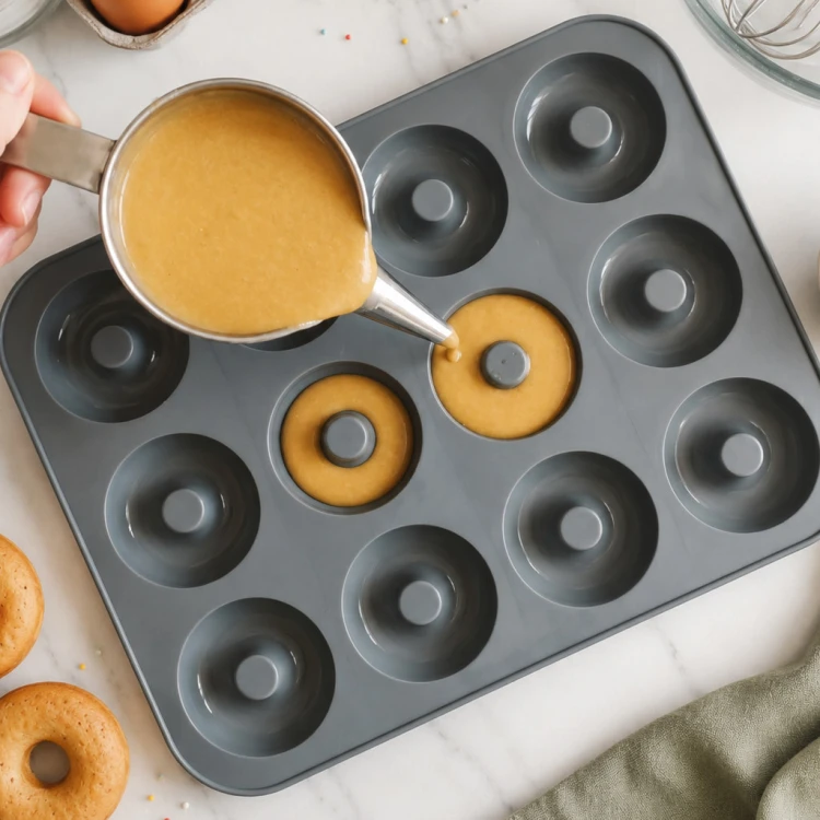 Silikonowa forma do donutów w trakcie nalewania ciasta, otoczona składnikami i akcesoriami do pieczenia.