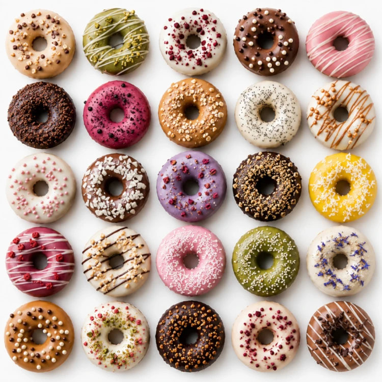 Zestaw dekorowanych donutów ułożonych w siatkę, każdy z inną polewą i posypką.