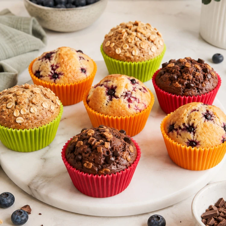 Gotowe muffinki w kolorowych papilotkach Patisse, ułożone na białej podstawie wraz z dodatkami do dekoracji.