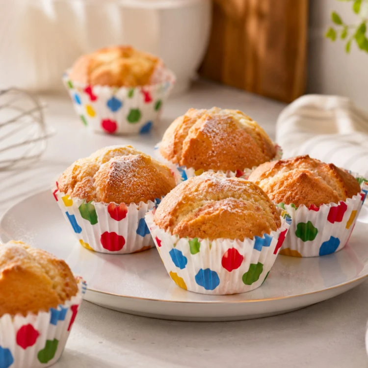 Świeżo upieczone babeczki w kolorowych papilotkach w groszki, o złocistej powierzchni delikatnie oprószonej cukrem pudrem, ułożone na talerzu w kuchennej aranżacji z akcesoriami do pieczenia w tle.