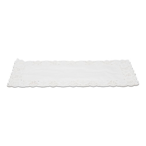 Podłużna biała serwetka papierowa o wymiarach 40 × 20 cm, z dekoracyjnym ażurowym brzegiem i koronkowym wzorem, przeznaczona do eleganckiego podawania ciast, tortów i deserów.