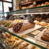 Sycylijskie cannoli z kremem czekoladowym i orzechami ułożone na ażurowej serwetce w witrynie sklepowej, otoczone innymi włoskimi wypiekami.