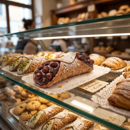 Sycylijskie cannoli z kremem czekoladowym i orzechami ułożone na ażurowej serwetce w witrynie sklepowej, otoczone innymi włoskimi wypiekami.