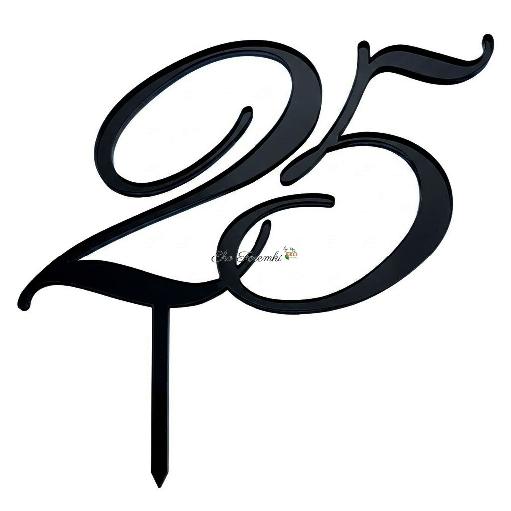 Czarny topper z liczbą 25 przeznaczony do dekoracji tortu.