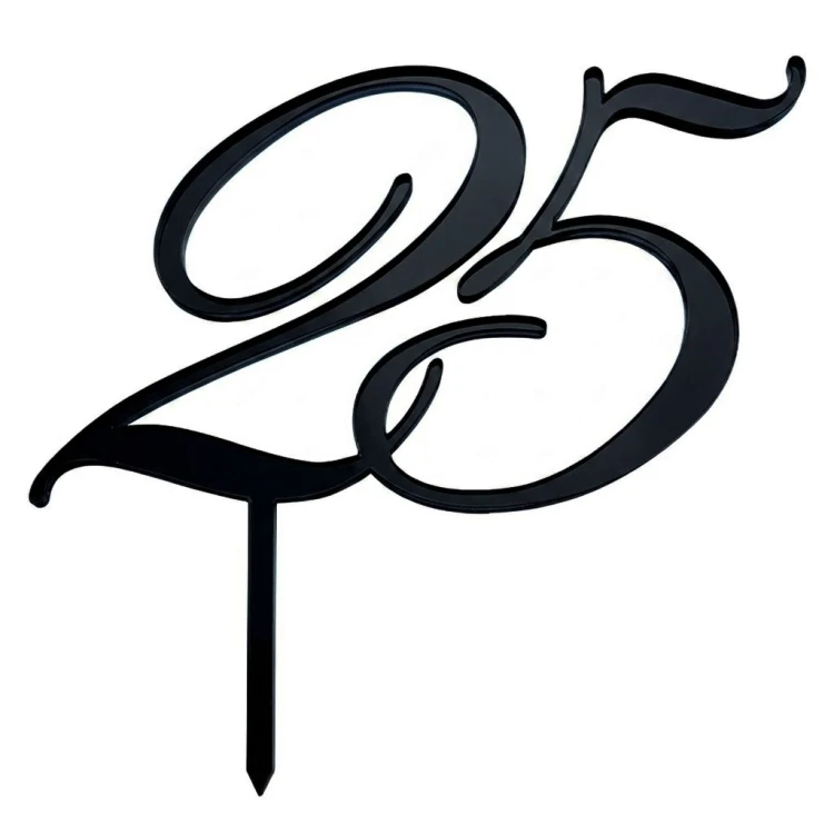 Czarny topper na tort w kształcie liczby 25 ze szpikulcem do wbijania, wykonany w eleganckim, ozdobnym stylu jako dekoracja na dwudzieste piąte urodziny lub rocznicę.