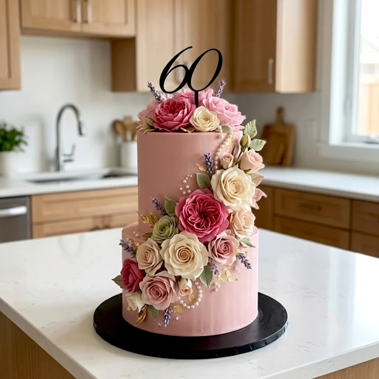 Dwupiętrowy różowy tort ozdobiony pastelowymi kwiatami z kremu i czarnym topperem w kształcie liczby 60, ustawiony w eleganckiej aranżacji.