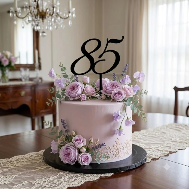 Jasnofioletowy tort ozdobiony pastelowymi kwiatami i czarnym topperem w kształcie liczby 85, ustawiony na stole w eleganckiej aranżacji.