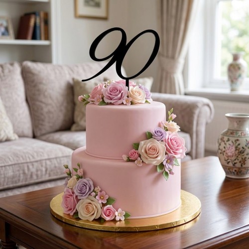 Dwupiętrowy różowy tort ozdobiony pastelowymi kwiatami i czarnym topperem w kształcie liczby 90, ustawiony w eleganckiej aranżacji salonu.